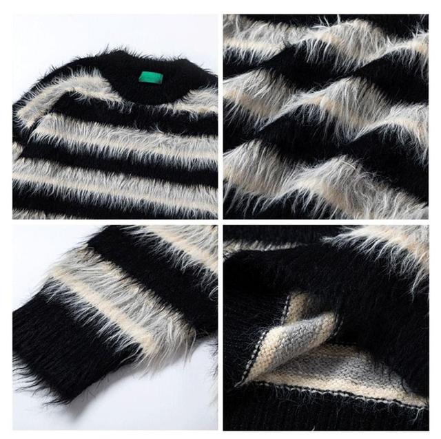 Crew Neck Striped Fluffy Sweater Product Image