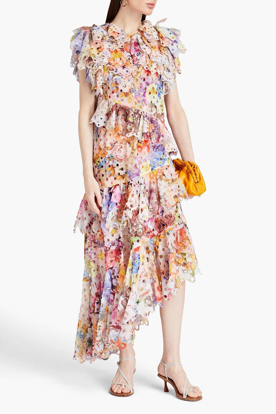 Prima Ruffled Perforated Floral-print Recycled Crepe Midi Dress In Multicolor Product Image