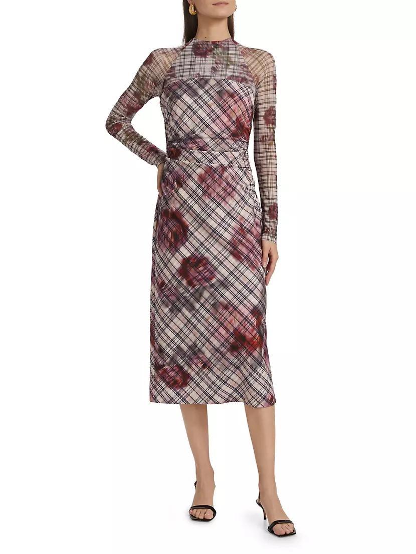 Edith Floral & Plaid Mesh Long-Sleeve Midi-Dress Product Image