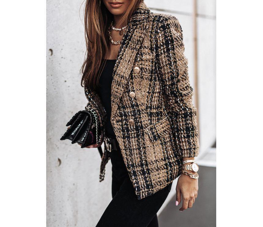 Lapel Collar Plaid Double Breasted Blazer Product Image