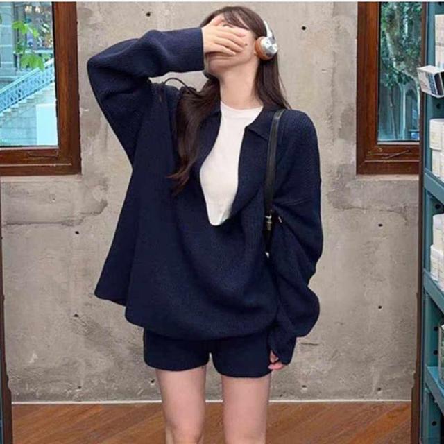 Set: Long-Sleeve Polo-Neck Plain Sweater + High Waist Shorts Product Image