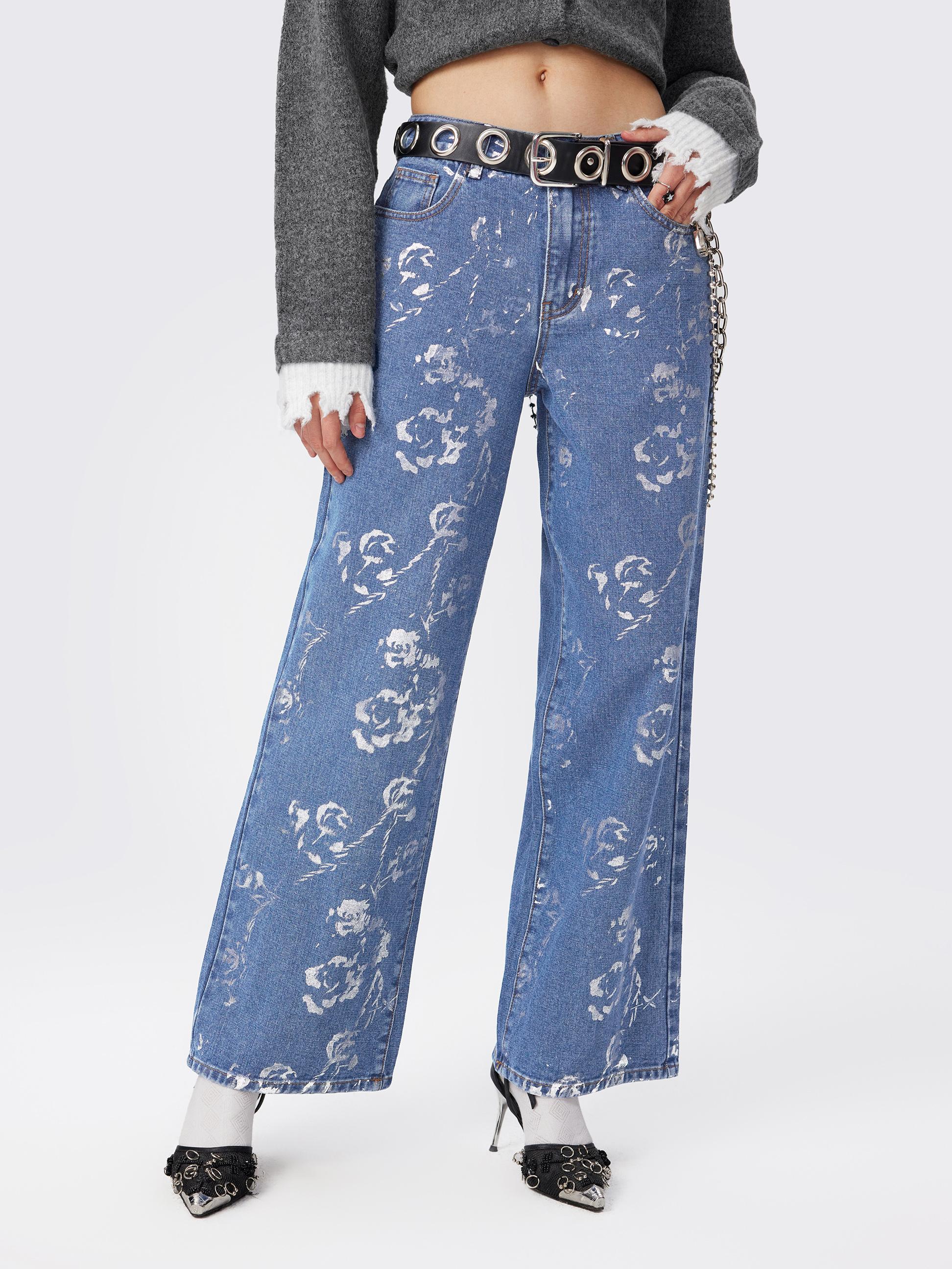 Floral Silver Coated Low Waist Wide Leg Jeans Product Image