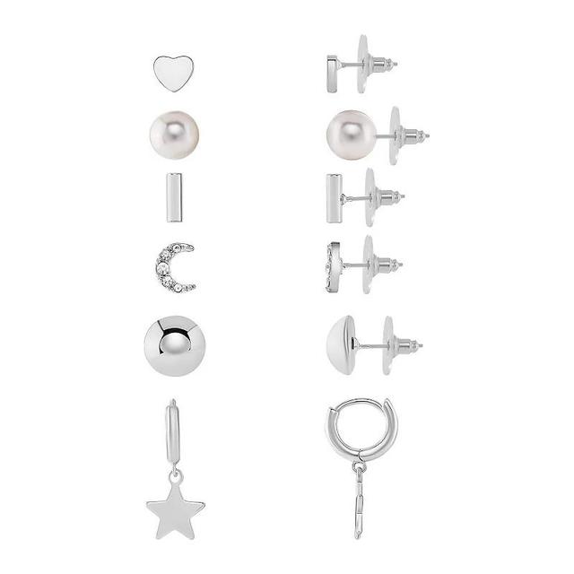 Emberly Silver Tone Crystal & Simulated Pearl Celestial Stud & Drop Hoop Earrings 6-pack Set, Womens, Grey Product Image