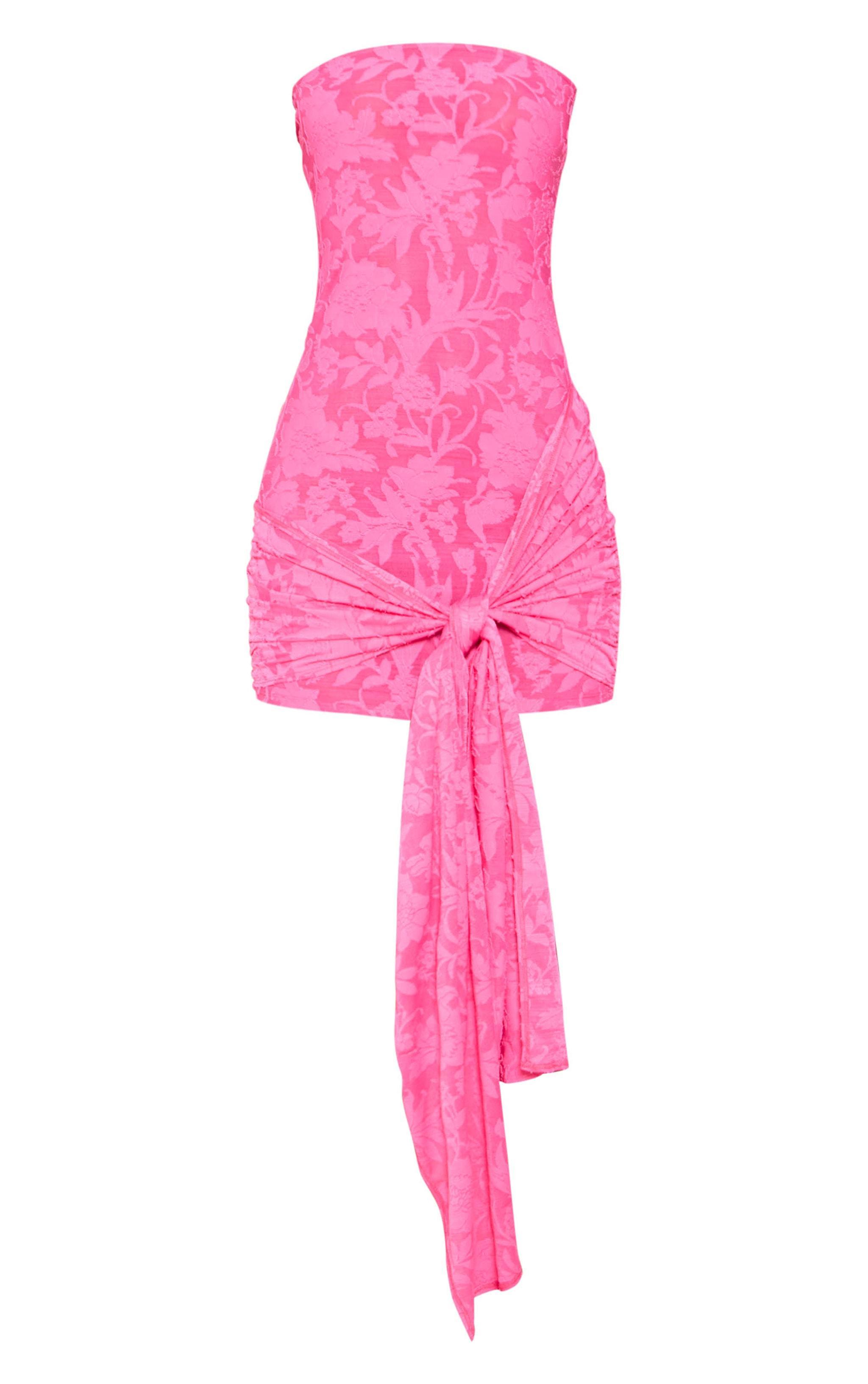 Bright Pink Jacquard Bandeau Wrap Bodycon Dress Product Image