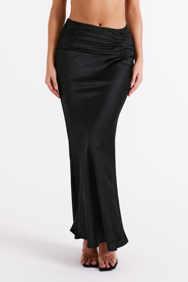 Khalani Ruched Satin Maxi Skirt - Black Product Image