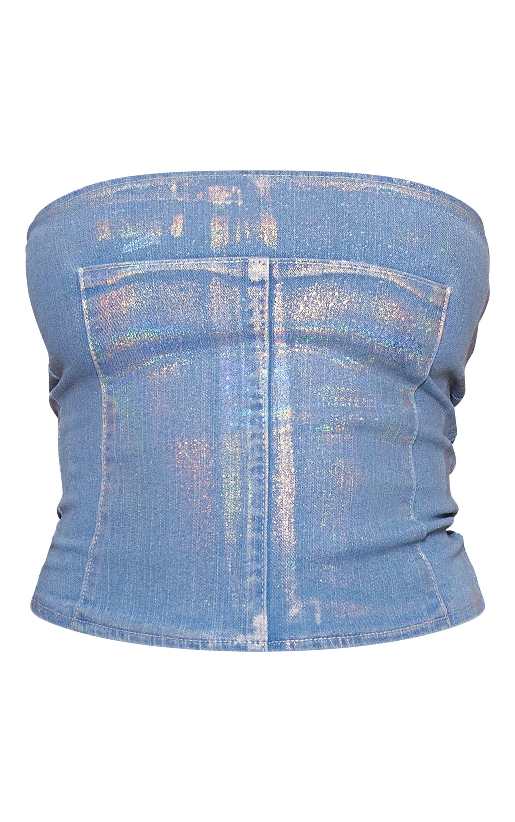 Petite Blue Iridescent Metallic Denim Panel Long Top Product Image