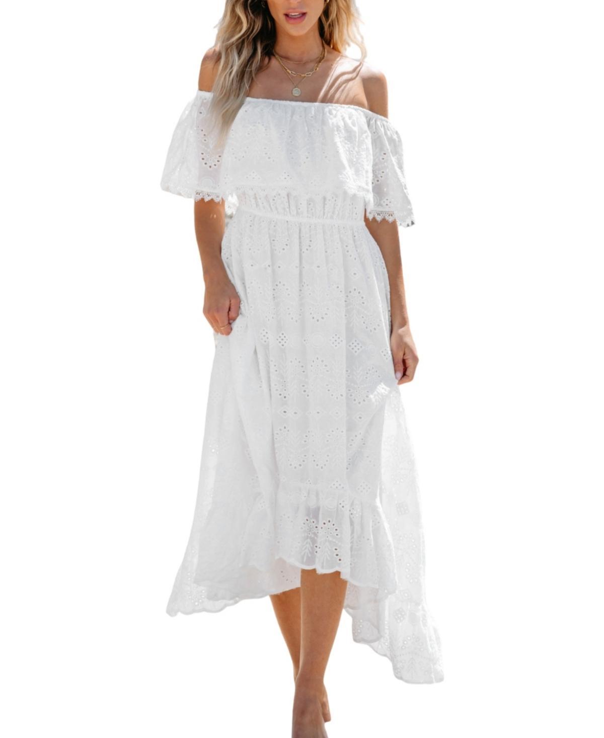 Cupshe Womens White Eyelet Off-Shoulder Midi Beach Dress Product Image