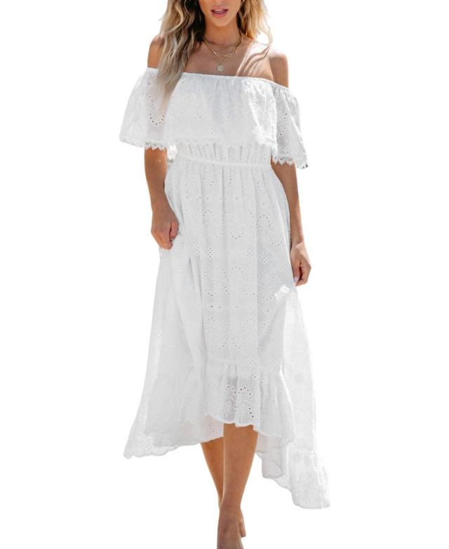 Cupshe Womens White Eyelet Off-Shoulder Midi Beach Dress Product Image