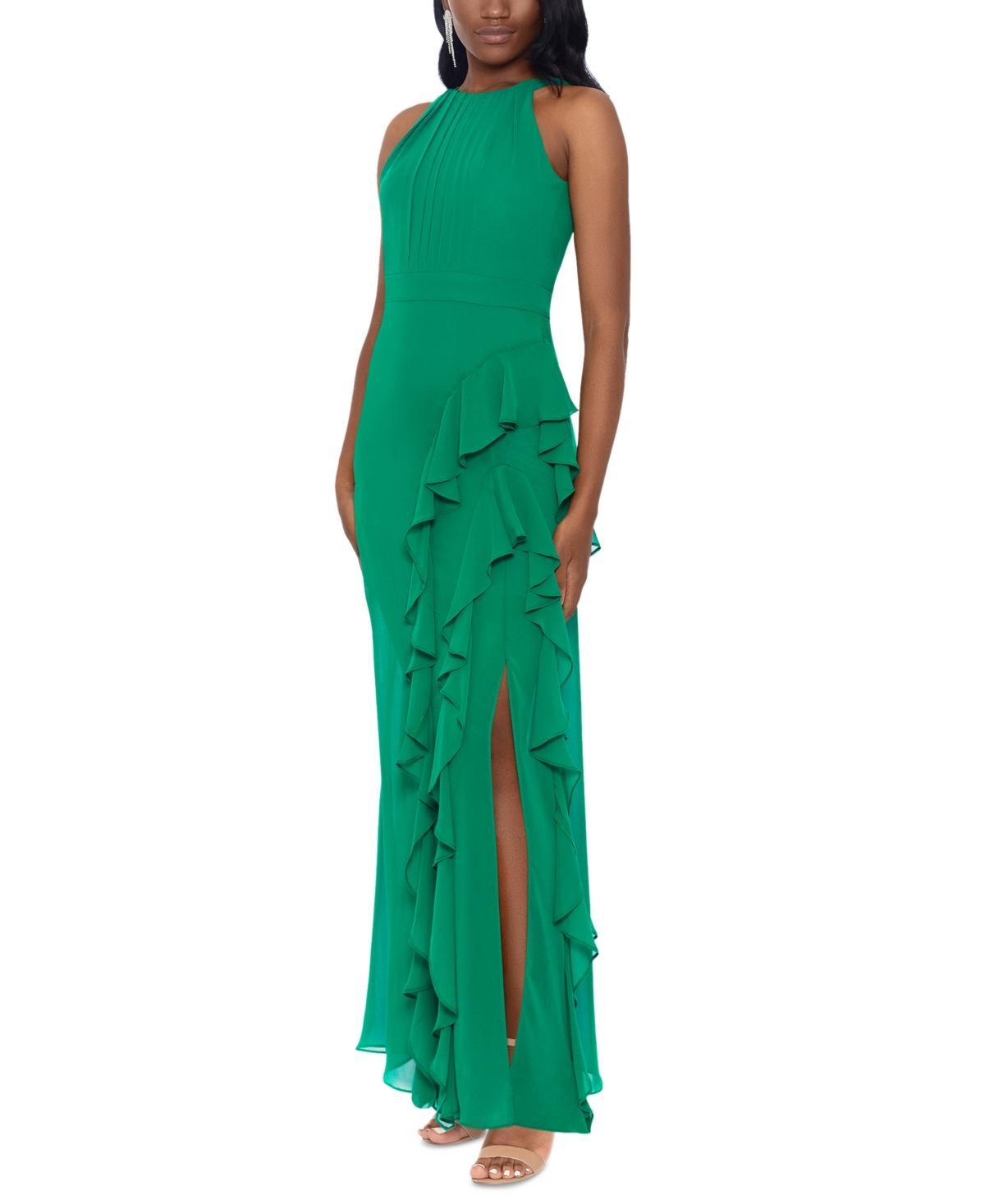 Betsy & Adam Halter-Neck Ruffled Gown - Emerald Product Image