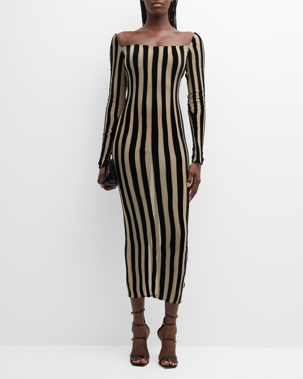 LaQuan Smith Stripe Semisheer Long Sleeve Midi Dress Product Image