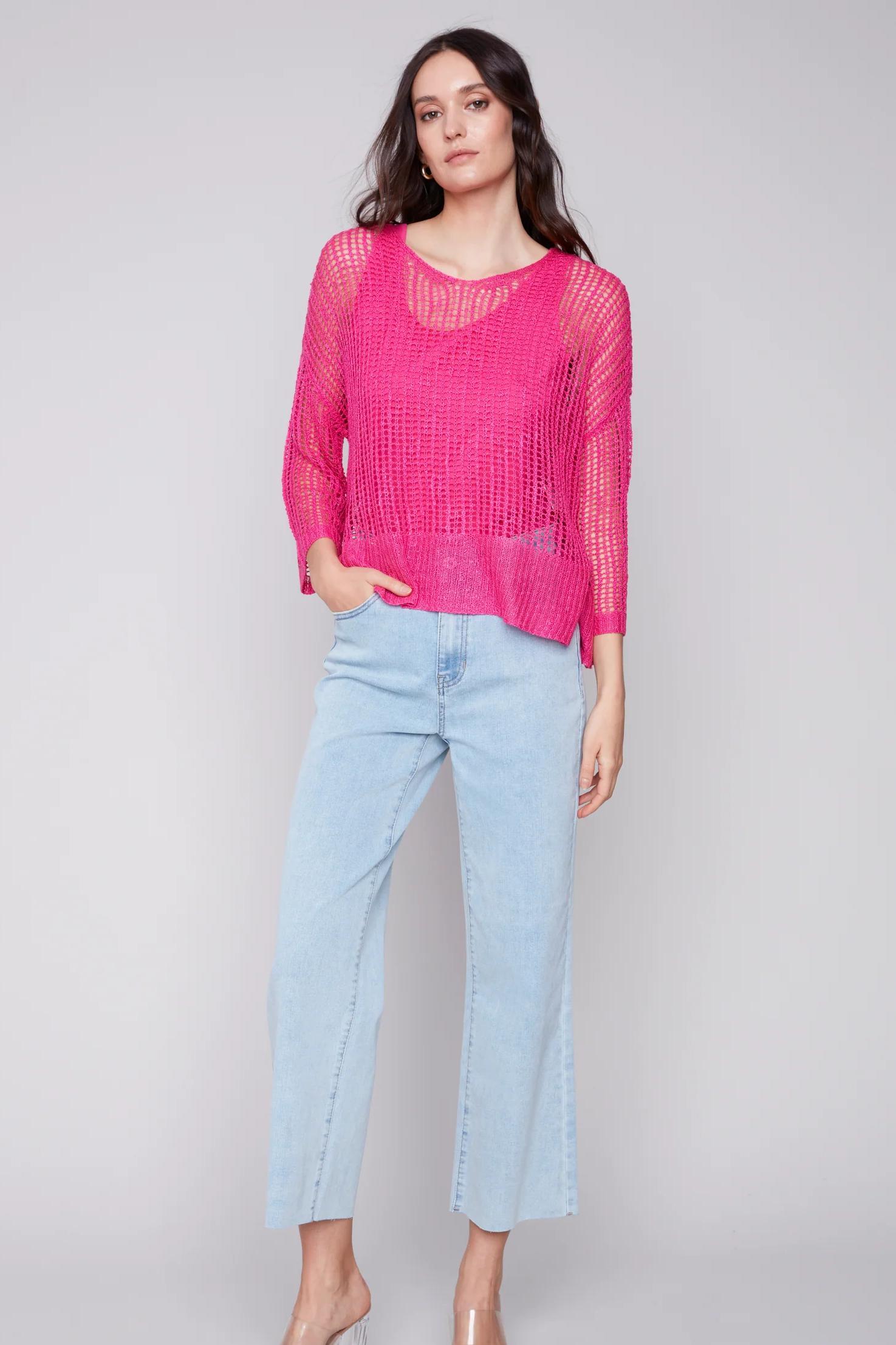 Fishnet crochet 3/4 sleeve dolman top Product Image