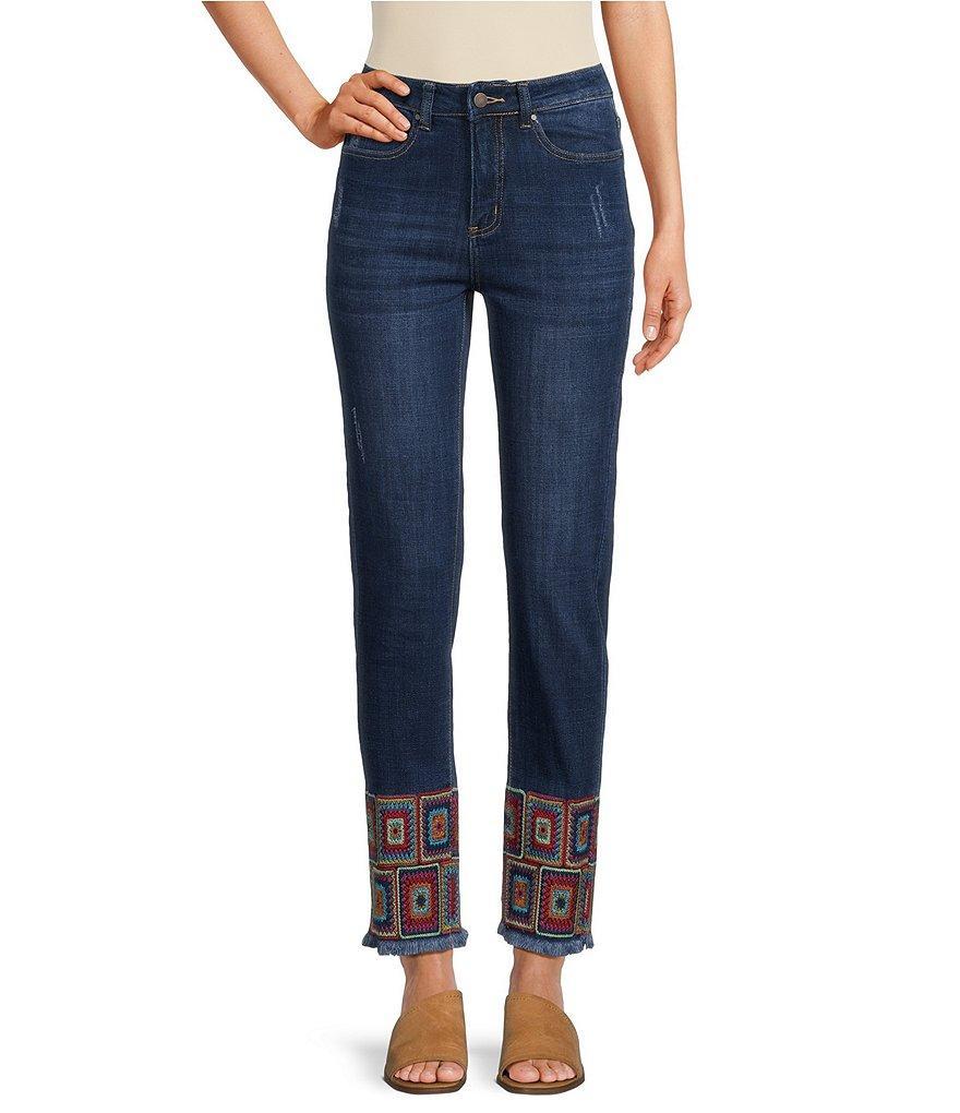 Tru Luxe Jeans High Rise Straight Leg Embroidered Hem Ankle Jeans Product Image