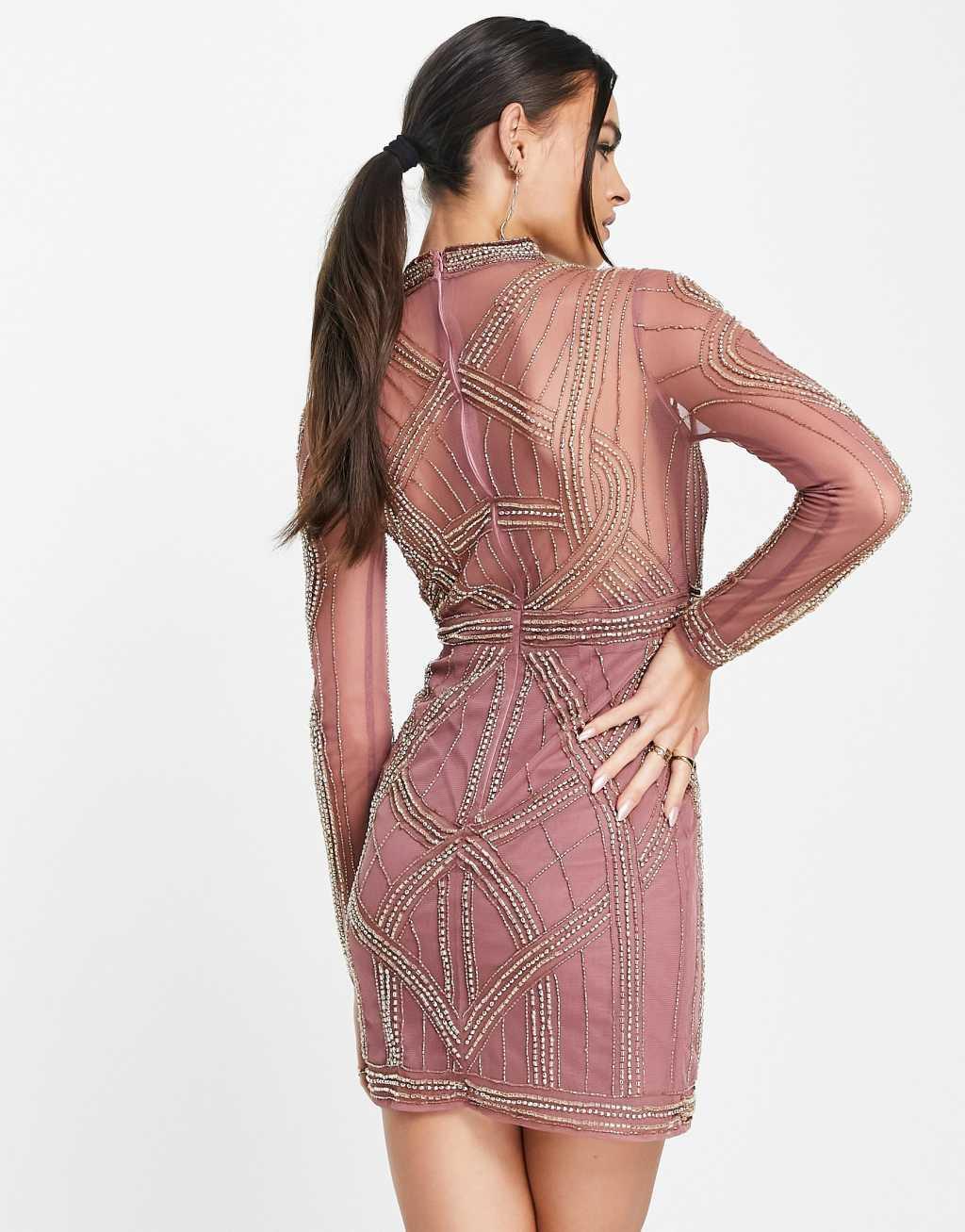 ASOS DESIGN ergonomic embellished mini dress in blush Product Image