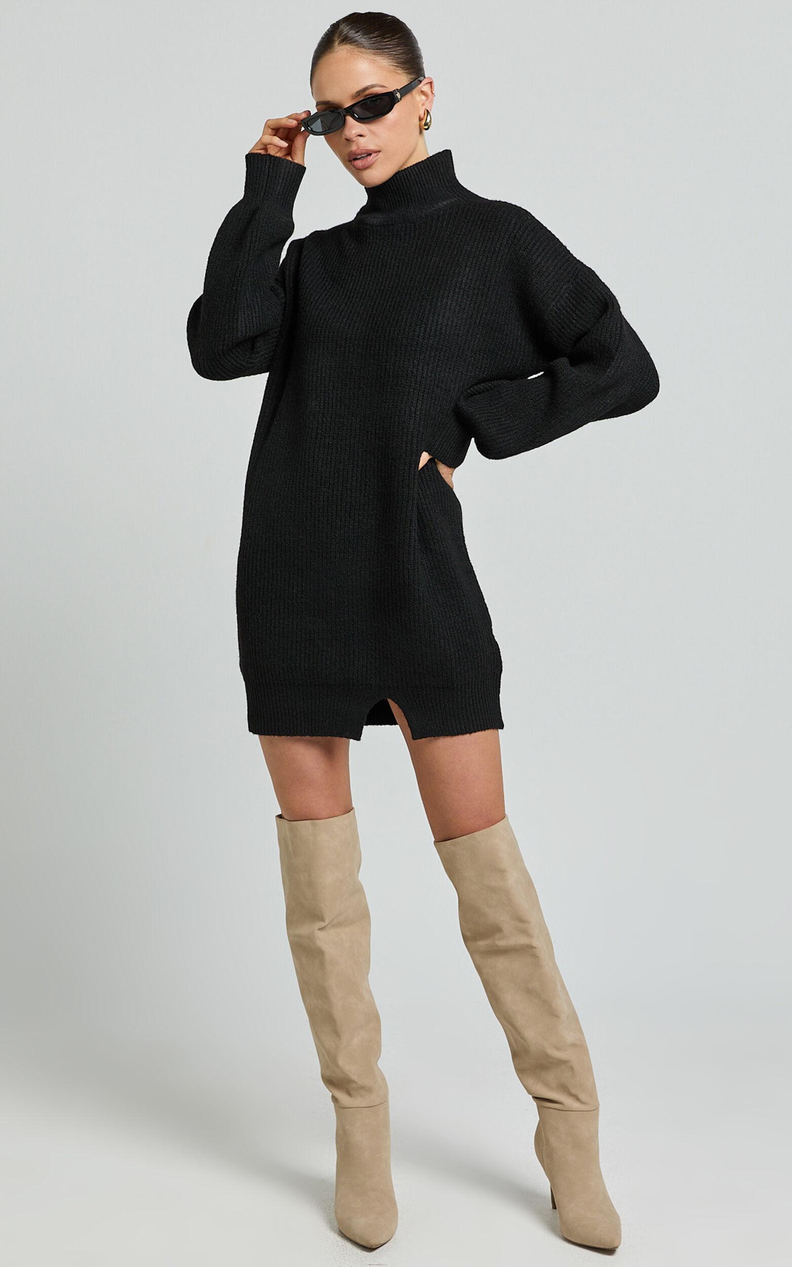 Tianna Mini Dress - Knitted Side Split Jumper Dress in Black Product Image