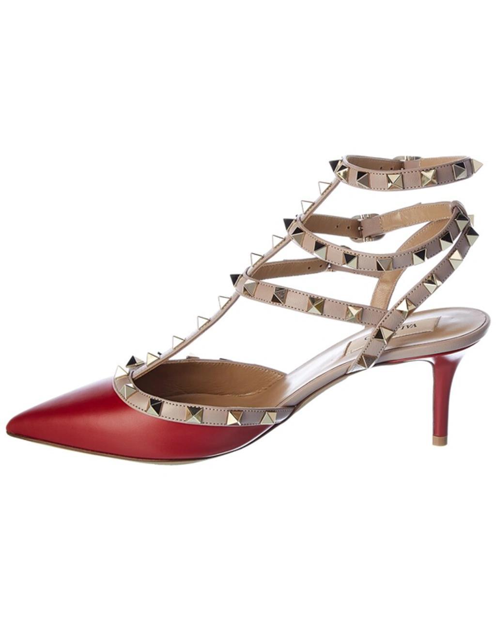 Rockstud Caged 65 Leather Ankle Strap Pump In Red Product Image