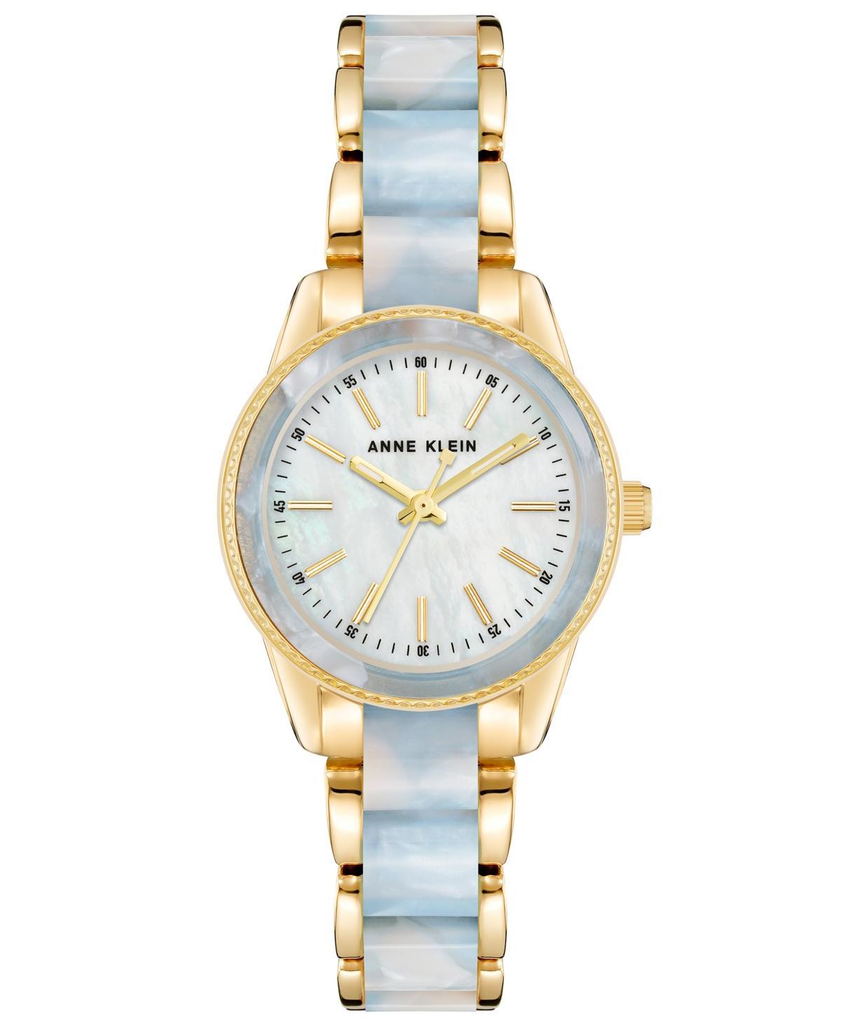 Anne Klein Womens Three Hand Quartz Gold-tone Alloy and Light Blue Marbled Acrylic Link Bracelet Watch, 30mm - Rose Gold-Tone Product Image