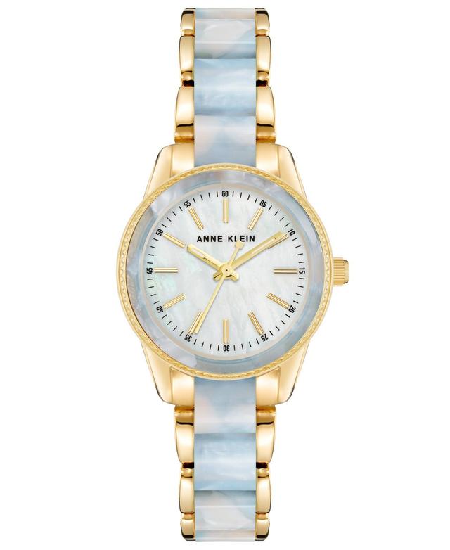 Anne Klein Womens Three Hand Quartz Gold-tone Alloy and Light Blue Marbled Acrylic Link Bracelet Watch, 30mm - Rose Gold-Tone Product Image