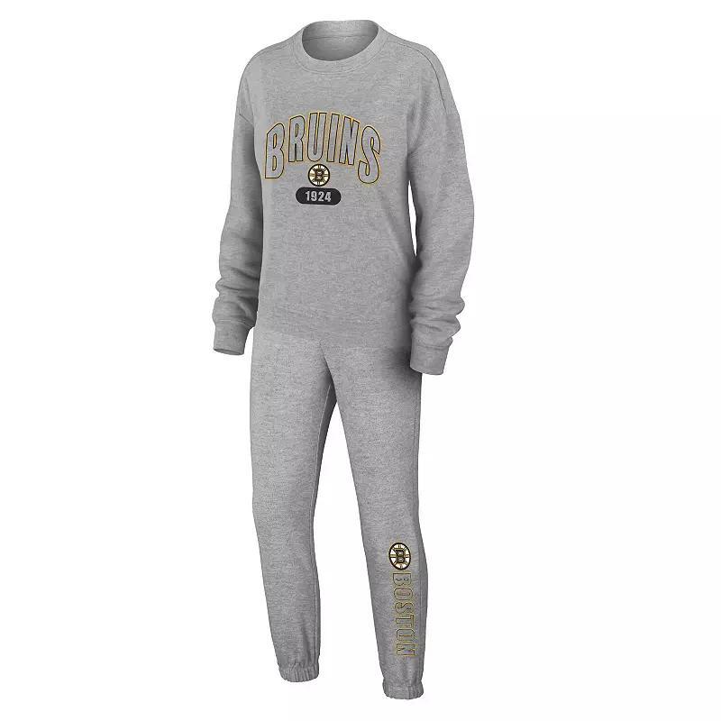 Womens WEAR by Erin Andrews Heather Gray Boston Bruins Knit Long Sleeve Tri-Blend T-Shirt & Pants Sleep Set Product Image