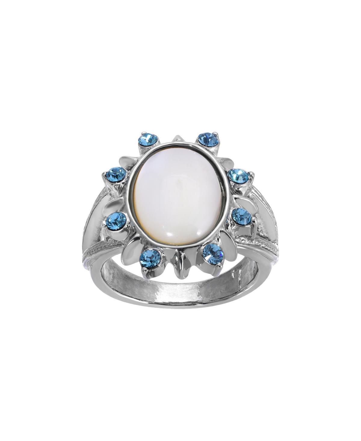 1928 Silver Tone Mother Of Pearl and Aqua Stone Ring, Womens, White Product Image