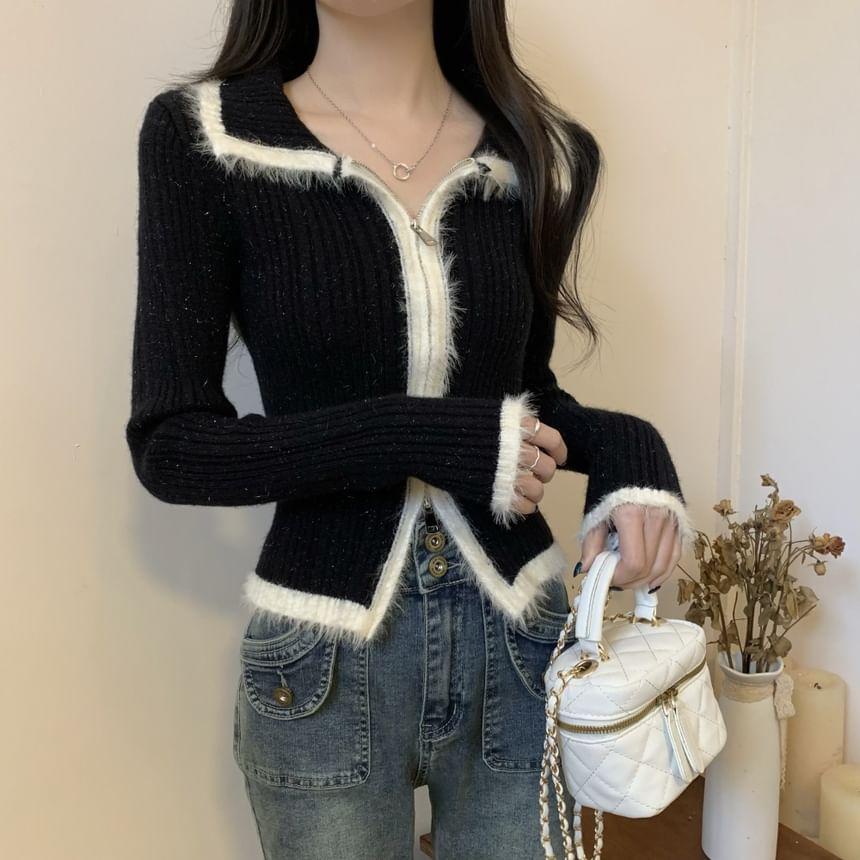 Collared Contrast Trim Zip-Up Crop Cardigan Product Image