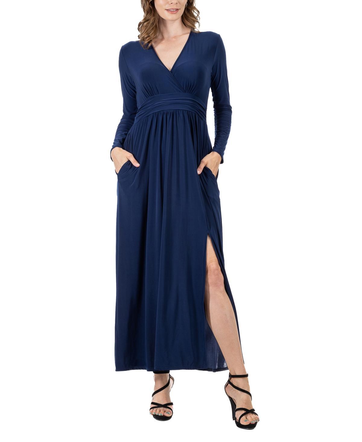 24seven Comfort Apparel Womens Long Sleeve V-neck Side Slit Maxi Dress Product Image