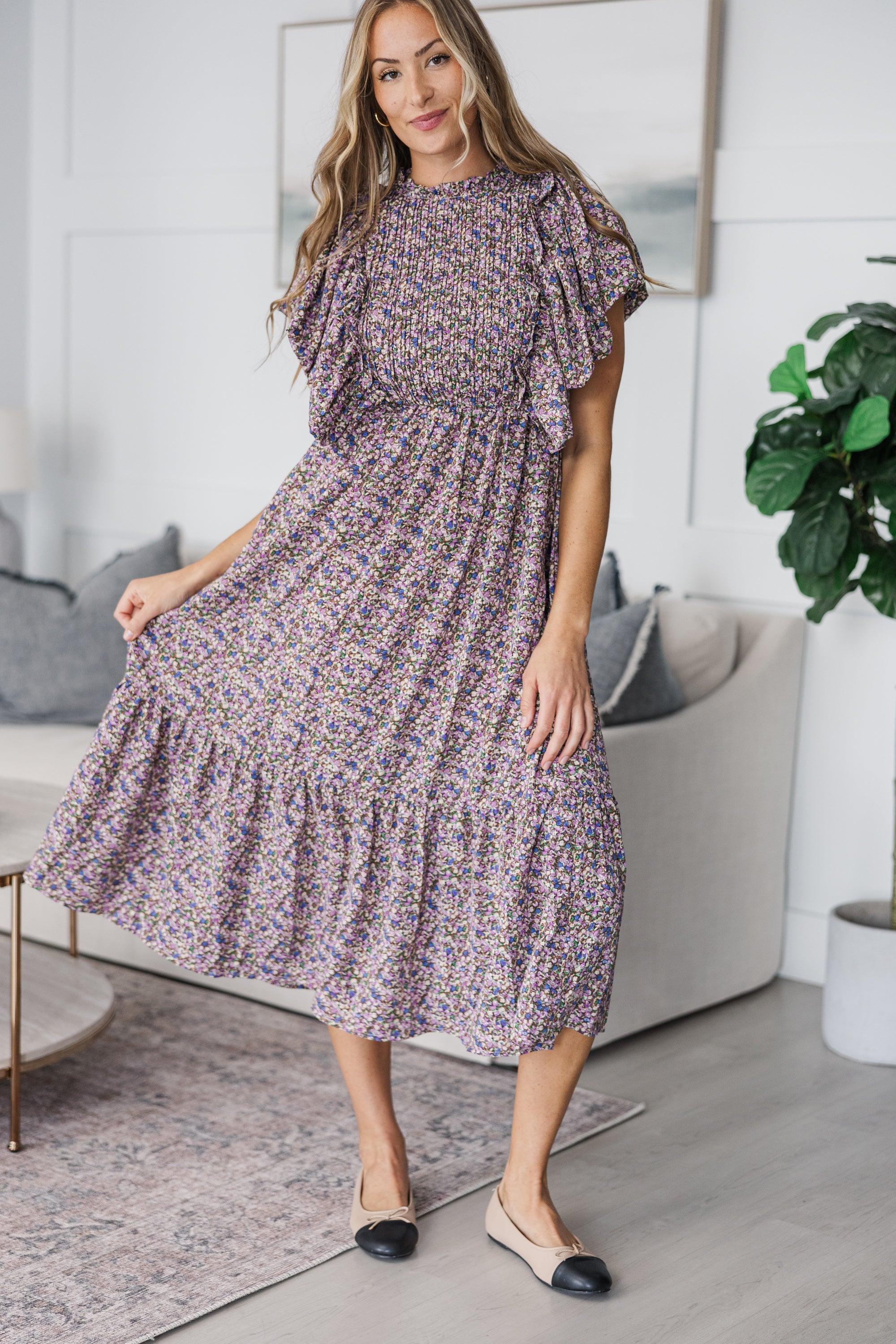 NURSING COLLECTION: All The Good Plum Ditsy Floral Ruffled Midi Dress Female Product Image