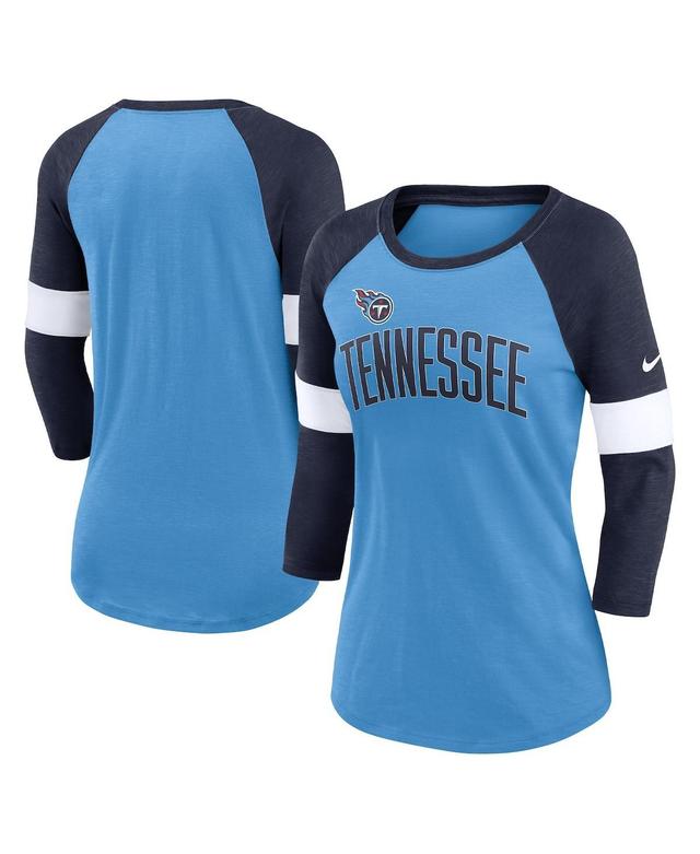 Womens Nike Tennessee Titans Light Blue and Heather Navy Football Pride Raglan 3/4-Sleeve T-shirt - Light Blue Product Image