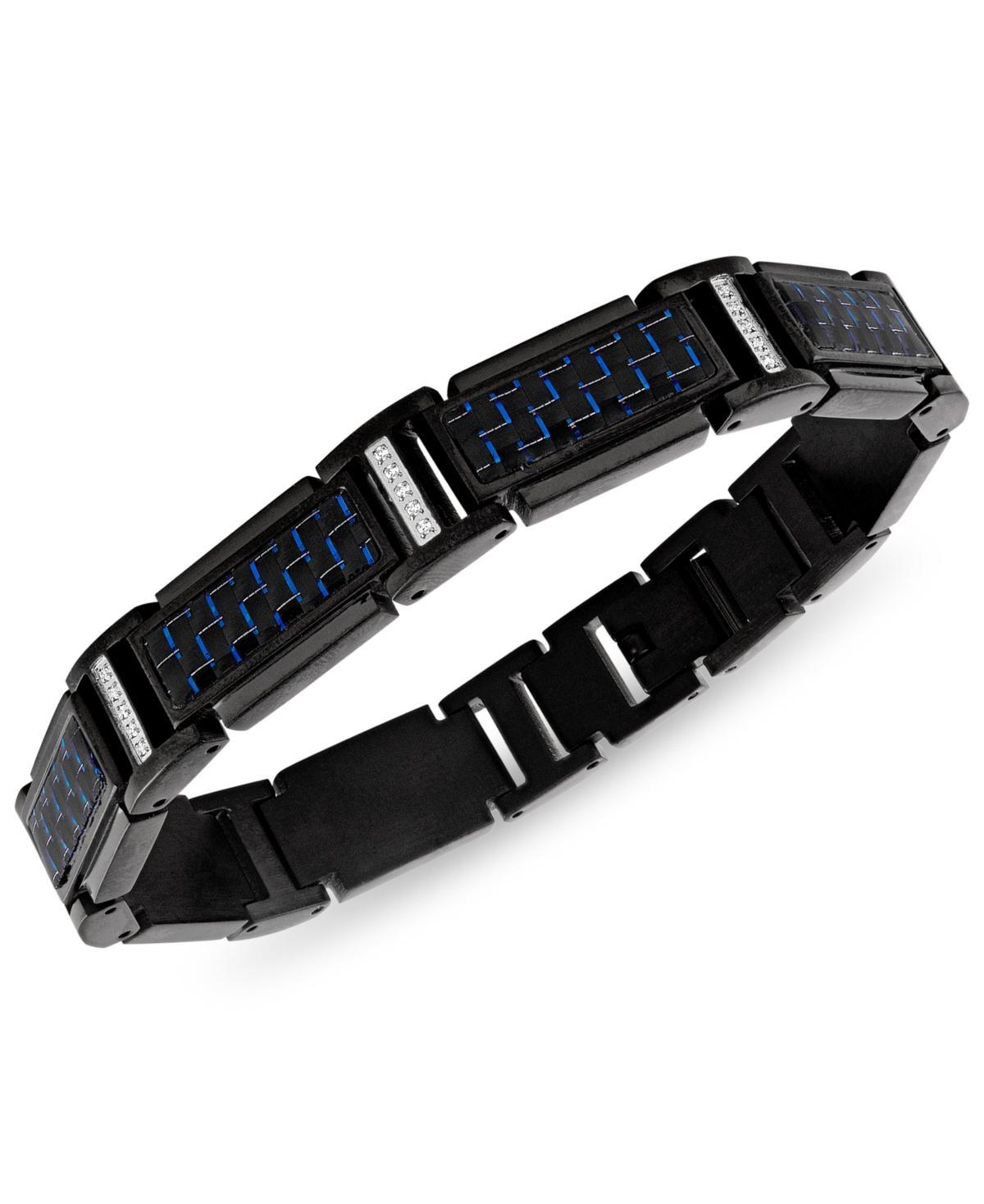 Esquire Mens Jewelry Diamond (1/5 ct. t.w.) & Blue Carbon Fiber Link Bracelet Ion-Plated Stainless Steel, Created for Macys - Black Product Image