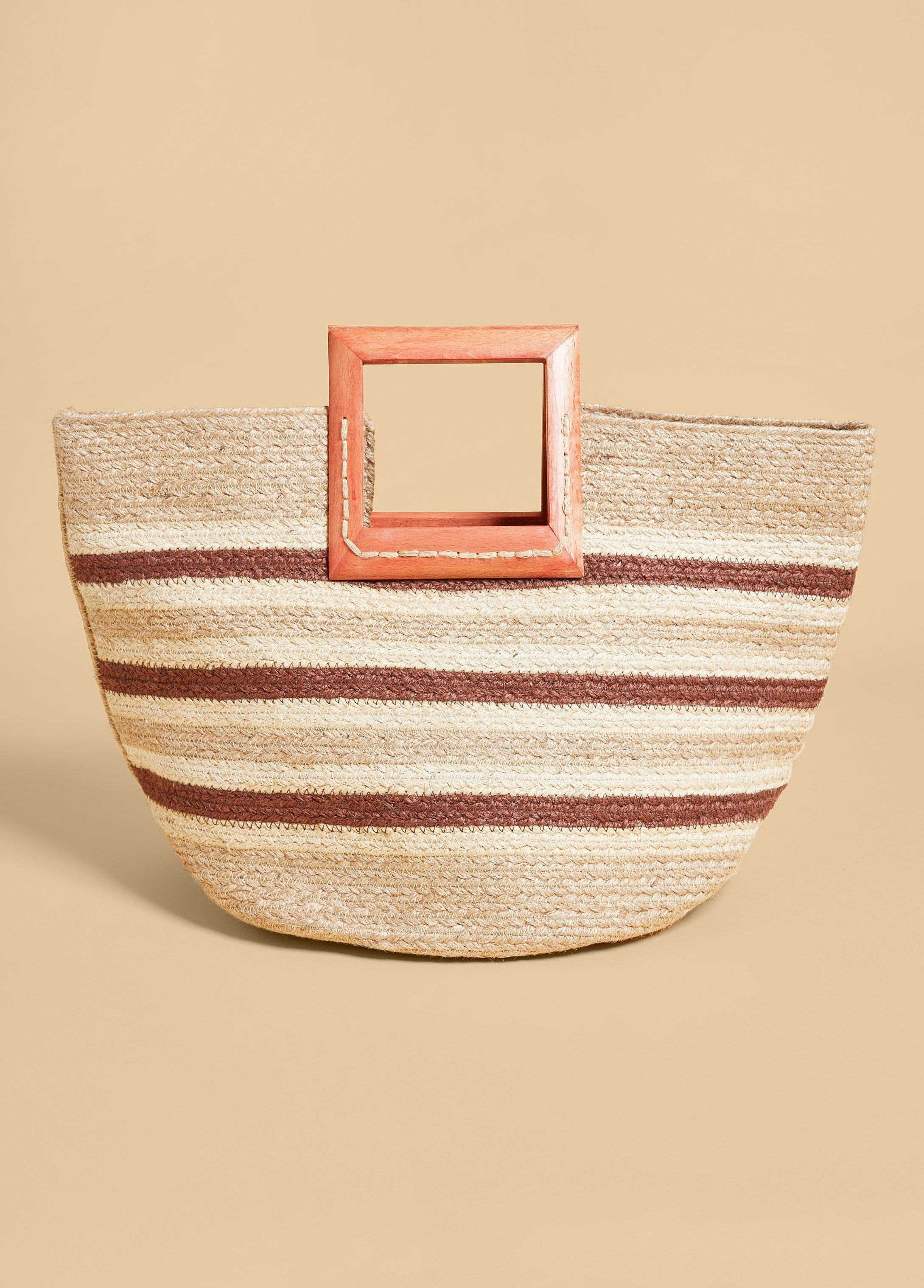 Striped Straw And Wood Tote Product Image