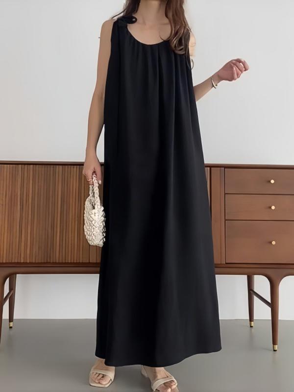 High Waisted Loose Pleated Solid Color Tied Round-Neck Maxi Dresses Product Image