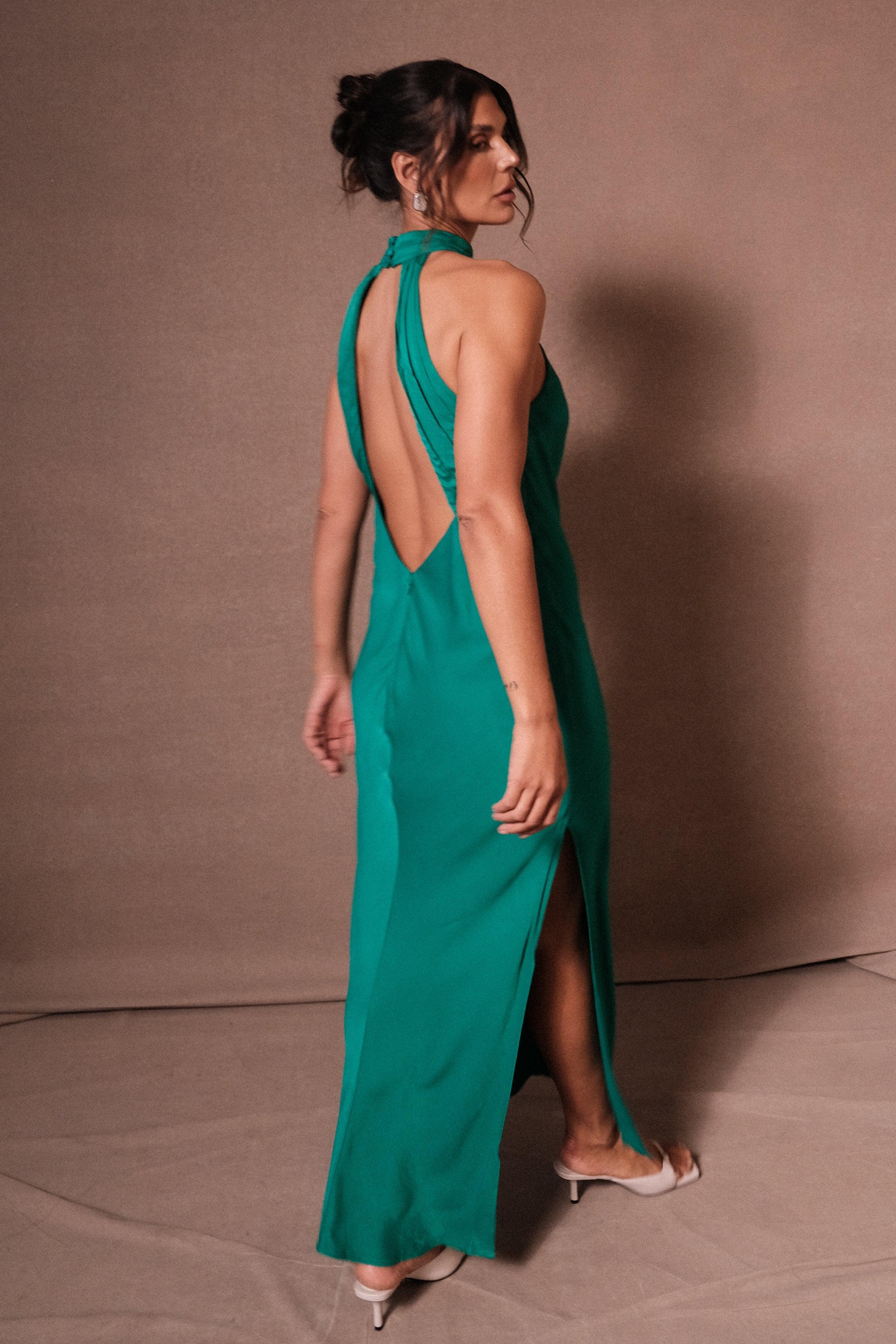 Claire Satin Drape Back Maxi Dress with Split - Green Product Image