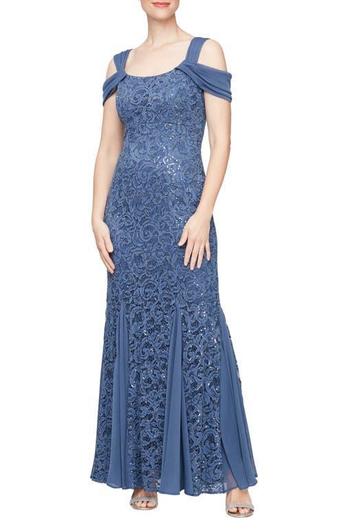 Alex Evenings Cold Shoulder Scoop Neck Godet Skirt Sequin Lace Fit And Flare Gown Product Image