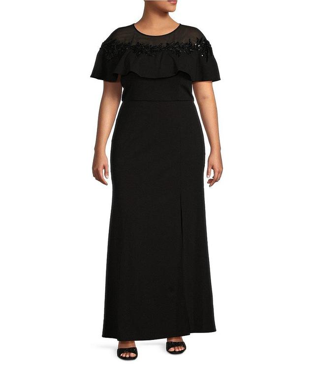 R & M Richards Plus Size Stretch Scuba Crepe Illusion Crew Neck Beaded Capelet Sheath Dress Product Image