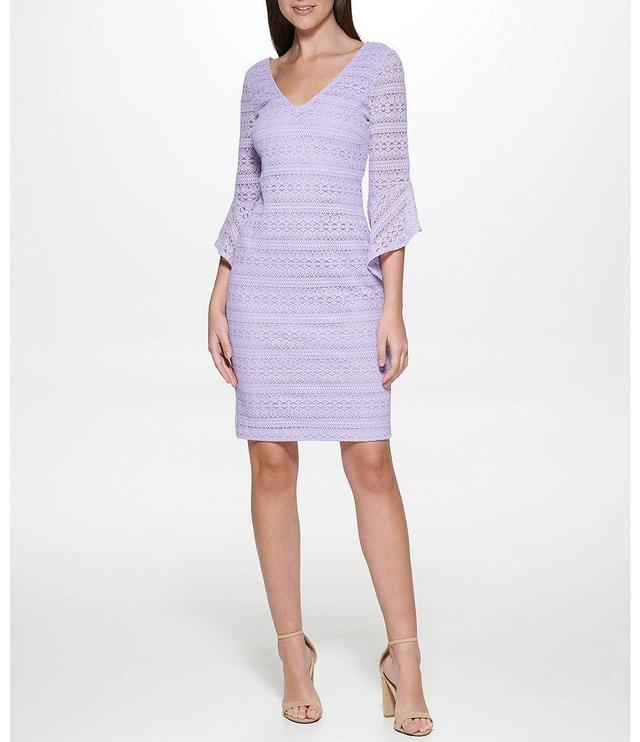 Kensie V-Neck Bell 3/4 Sleeve Stretch Lace Sheath Dress Product Image