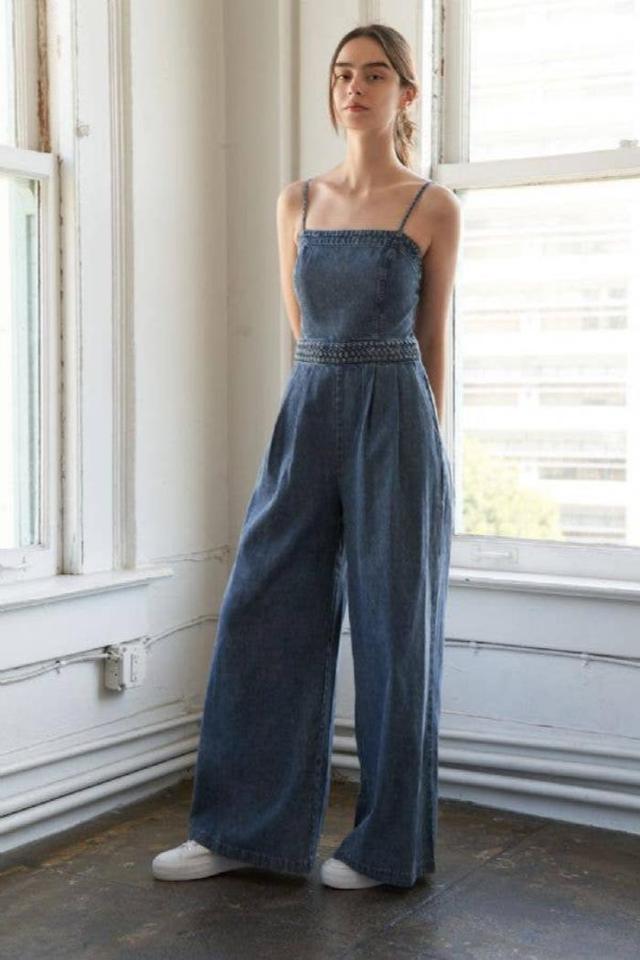 Denim Acid Washed Wide Leg Jumpsuit Product Image