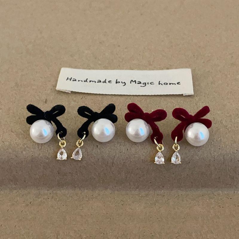 925 Sterling Silver Bow Faux Pearl Rhinestone Drop Earring Product Image