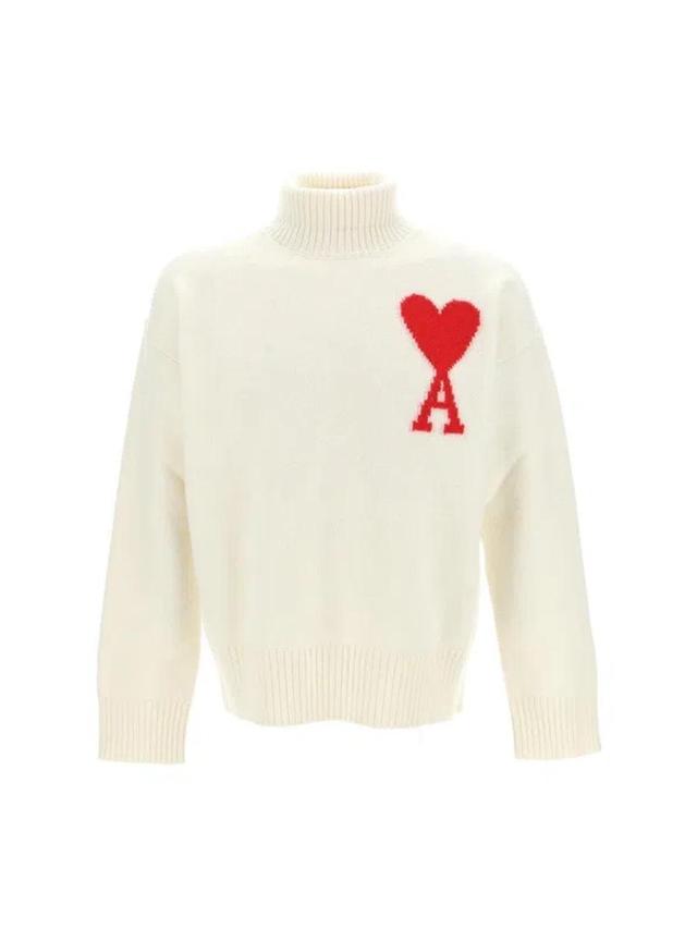 Ami Paris Ami De Coeur Roll Neck Heart Motif Embroidered Jumper In White Product Image