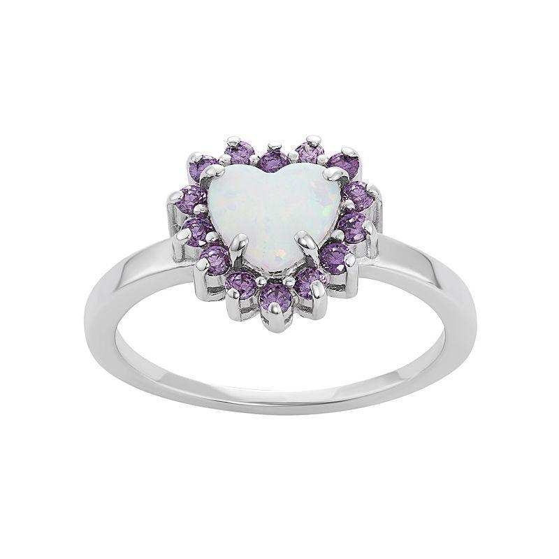 Sterling Silver Lab-Created Opal & Cubic Zirconia Heart Halo Ring, Womens Purple Product Image