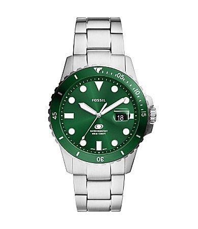 Fossil Mens Blue Dive Three-Hand Date Green Dial Stainless Steel Bracelet Watch Product Image