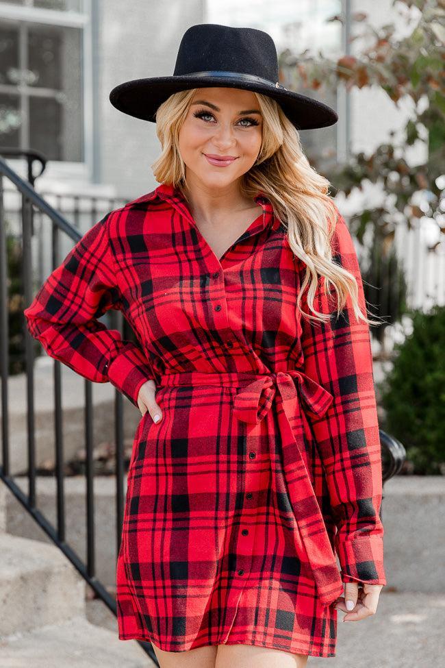 So Plaid You're Mine Red and Black Plaid Collared Button Up Belted Mini Dress FINAL SALE Product Image