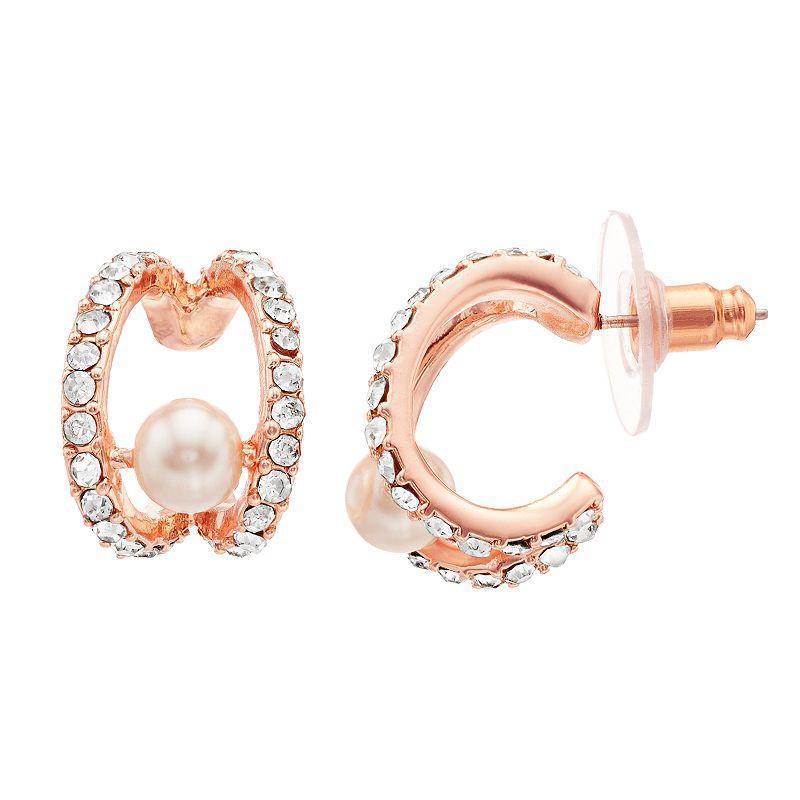 Youre Invited Rose Gold Tone Crystal & Simulated Pearl Huggie Earrings, Womens, Pink Product Image