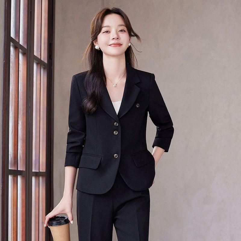 Lapel Collar Plain Single Breasted Blazer / Mid Rise Plain Wide Leg Suit Pants / Set Product Image