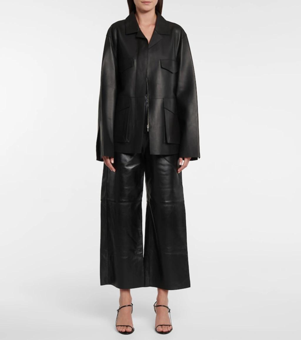 Cropped Wide-leg Leather Trousers In Black Product Image