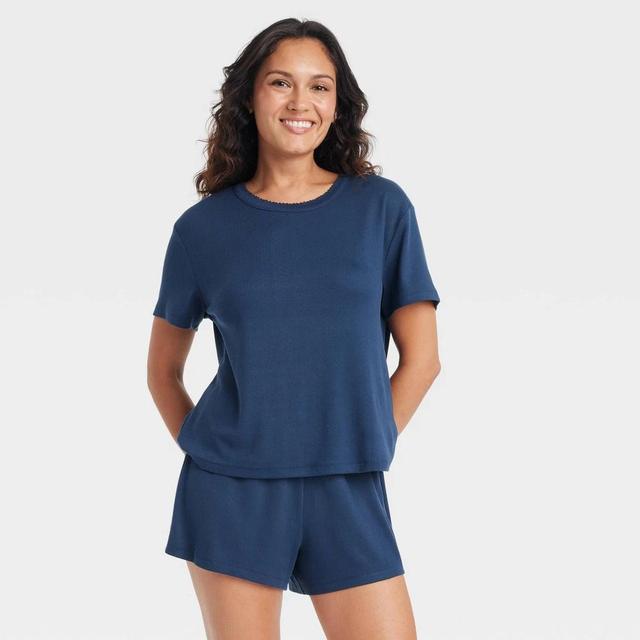 Womens Pointelle Short Sleeve Top and Shorts Pajama Set - Auden Navy Blue L Product Image