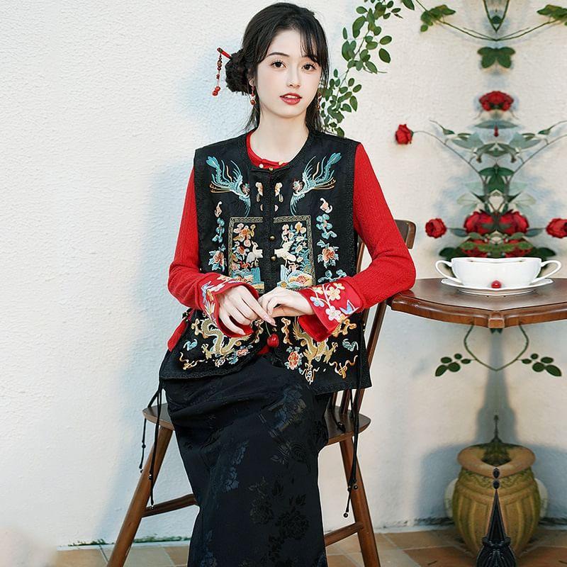 Long-Sleeve Floral Embroidered Faux Pearl Top / High Rise Floral Jacquard Wide Leg Pants / Vest Product Image