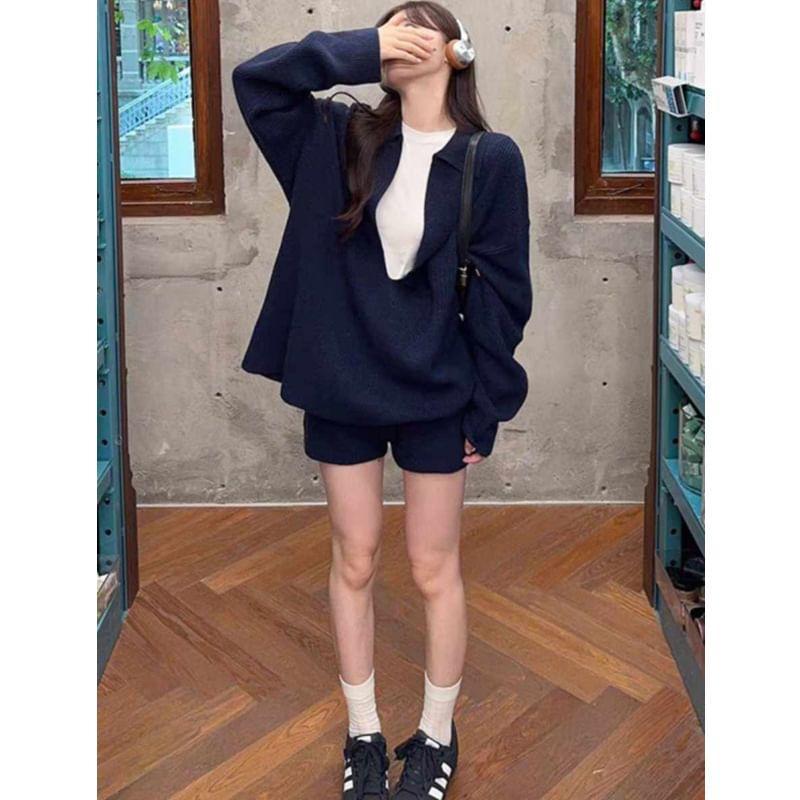 Set: Long-Sleeve Polo-Neck Plain Sweater + High Waist Shorts Product Image