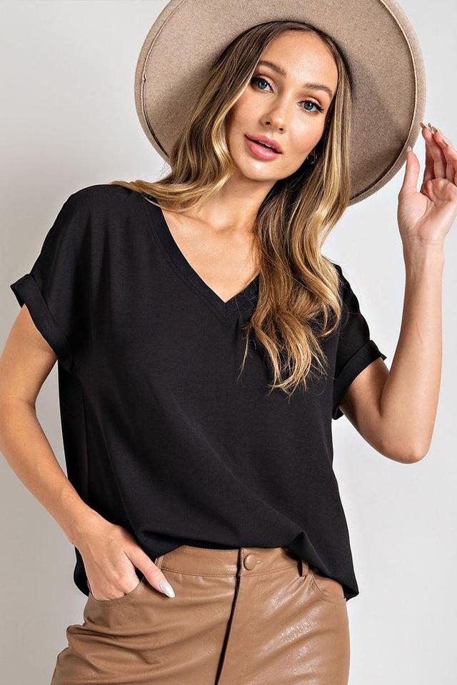 V-Neck Top Cuffed Short Sleeves Product Image