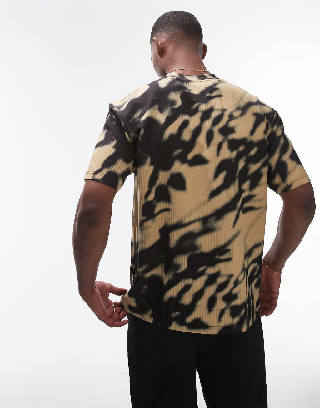 Topman oversized fit blurred floral printed plisse t-shirt in black Product Image