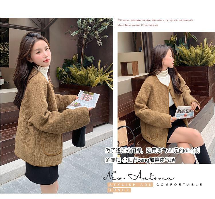 V-Neck Panel Faux Suede Button Jacket Product Image