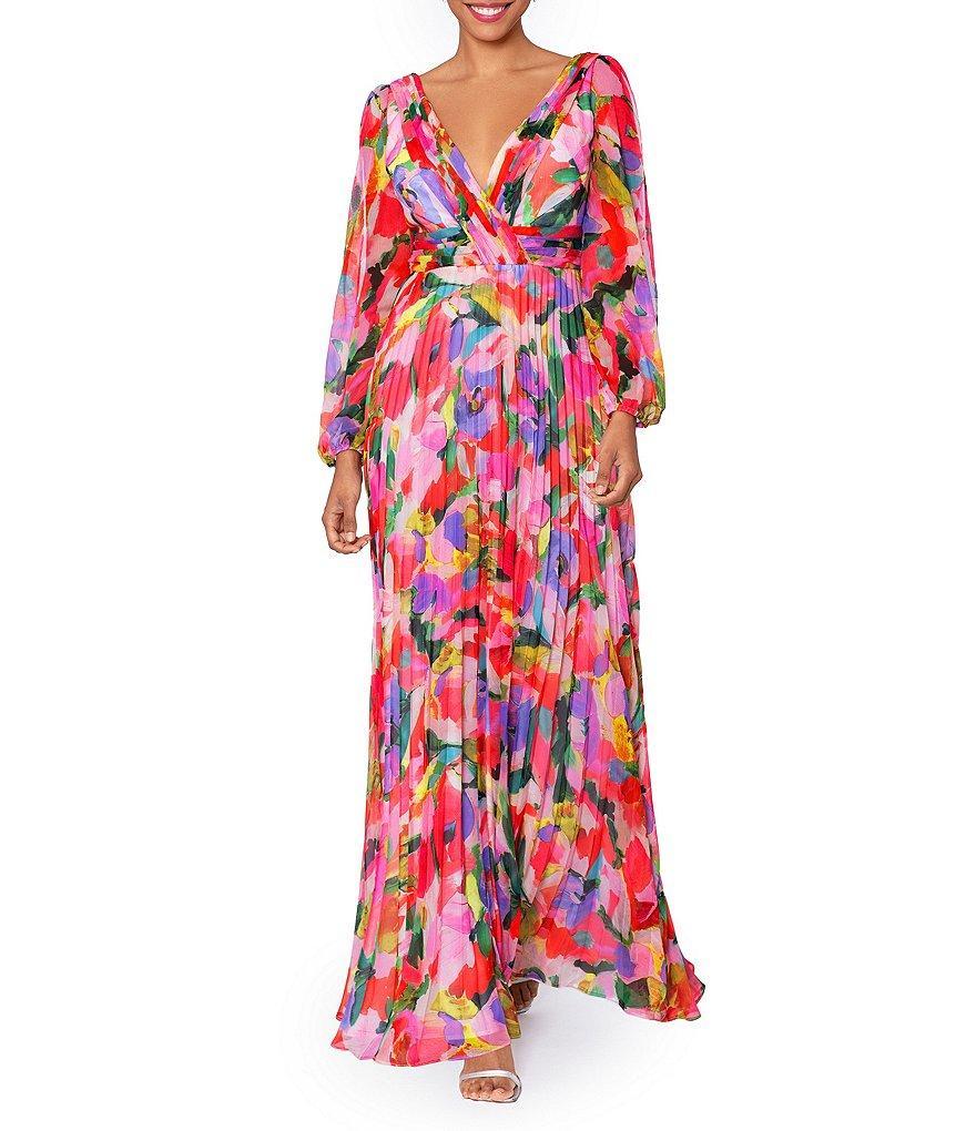 Betsy & Adam Floral V-Neck Long Sleeve Pleated Gown Product Image